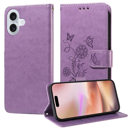 For iPhone 16 Embossed Butterfly Flowers Leather Phone Case(Purple) - iPhone 16 Cases by buy2fix | Online Shopping UK | buy2fix