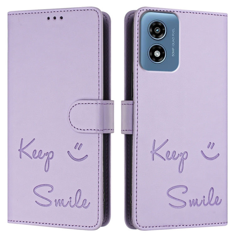 For Motorola Moto G 5G 2024 Global Smile Embossing RFID Leather Phone Case(Light Purple) - Motorola Cases by buy2fix | Online Shopping UK | buy2fix