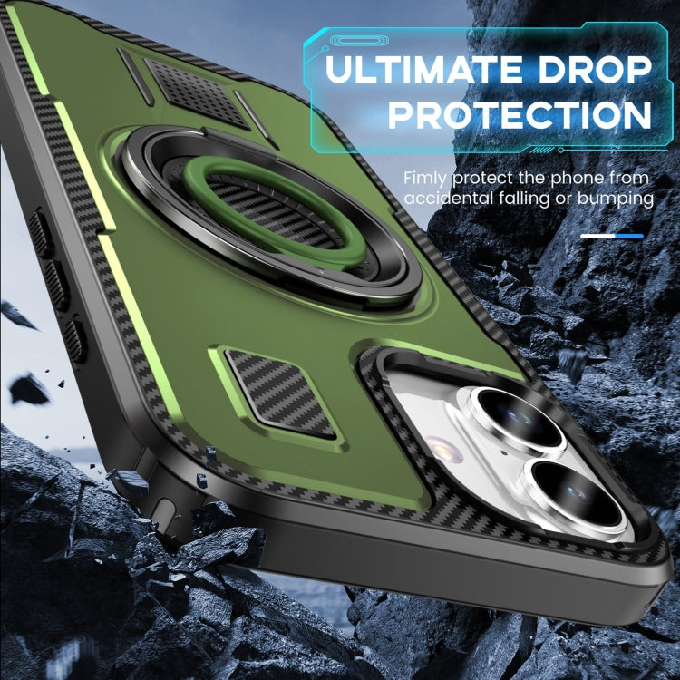 For iPhone 16 Plus Ring Holder Carbon Fiber PC Hybrid TPU Phone Case(Army Green) - iPhone 16 Plus Cases by buy2fix | Online Shopping UK | buy2fix