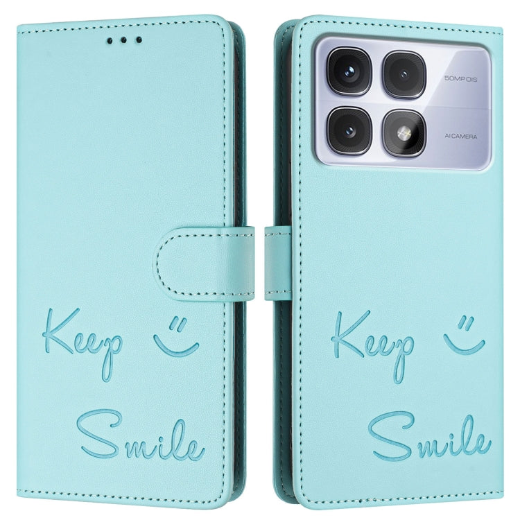 For Redmi K70 Ultra 5G Global Smile Embossing RFID Leather Phone Case(Mint Green) - Xiaomi Cases by buy2fix | Online Shopping UK | buy2fix