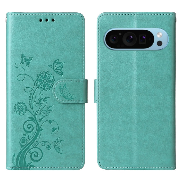 For Google Pixel 9 / 9 Pro Embossed Butterfly Flowers Leather Phone Case(Green) - Google Cases by buy2fix | Online Shopping UK | buy2fix