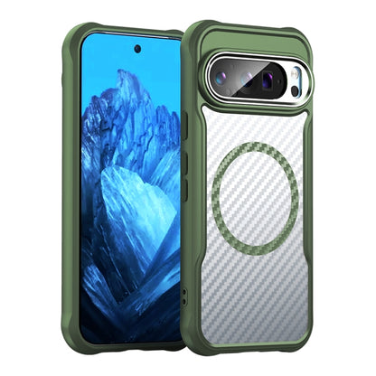 For Google Pixel 9 Pro / 9 Carbon Fiber Texture MagSafe Translucent Phone Case(Green) - Google Cases by buy2fix | Online Shopping UK | buy2fix