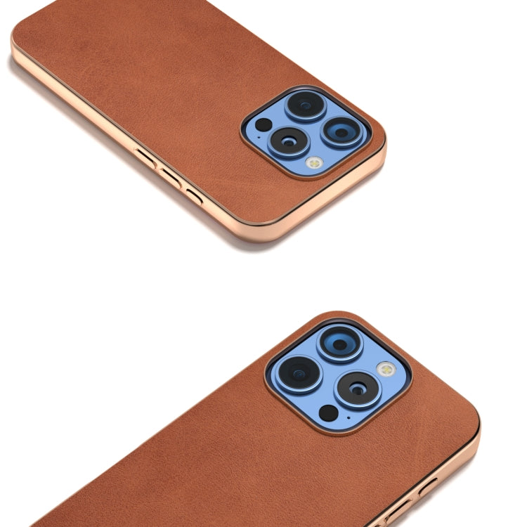 For iPhone 16 Pro Max Nano Electroplating Dual Color Cowhide Texture Protective Phone Case(Brown) - iPhone 16 Pro Max Cases by buy2fix | Online Shopping UK | buy2fix