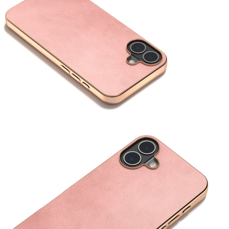 For iPhone 16 Plus Nano Electroplating Dual Color Cowhide Texture Protective Phone Case(Rose Gold) - iPhone 16 Plus Cases by buy2fix | Online Shopping UK | buy2fix