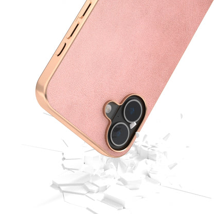 For iPhone 16 Plus Nano Electroplating Dual Color Cowhide Texture Protective Phone Case(Rose Gold) - iPhone 16 Plus Cases by buy2fix | Online Shopping UK | buy2fix