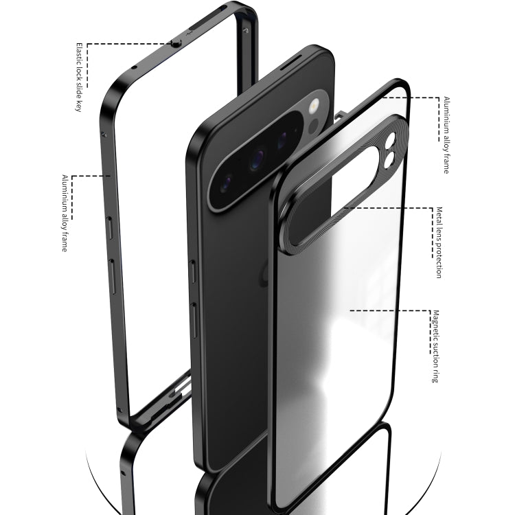 For Google Pixel 9 / 9 Pro Snap Buckle Metal Frame Frosted Phone Case(Black) - Google Cases by buy2fix | Online Shopping UK | buy2fix