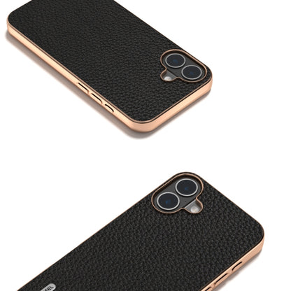 For iPhone 16 ABEEL Electroplating Frame Genuine Leather Litchi Texture Phone Case(Black) - iPhone 16 Cases by buy2fix | Online Shopping UK | buy2fix