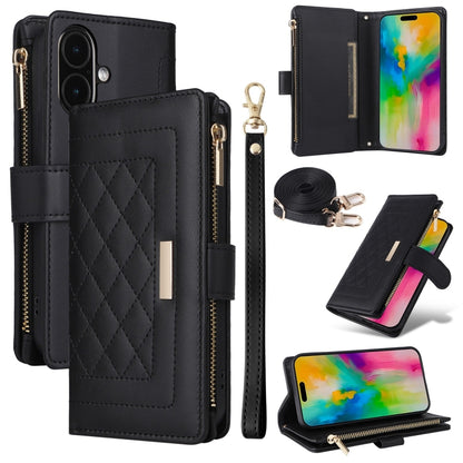 For iPhone 16 Crossbody Zipper Wallet Rhombus Leather Phone Case(Black) - iPhone 16 Cases by buy2fix | Online Shopping UK | buy2fix