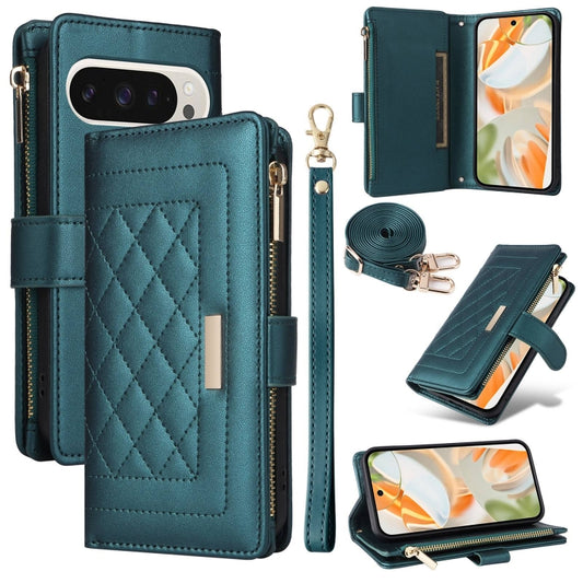 For Google Pixel 9 / 9 Pro Crossbody Zipper Wallet Rhombus Leather Phone Case(Green) - Google Cases by buy2fix | Online Shopping UK | buy2fix