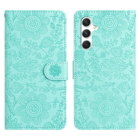 For Samsung Galaxy S25 5G Floral Embossed Pattern Leather Phone Case(Light Green) - Galaxy S25 5G Cases by buy2fix | Online Shopping UK | buy2fix