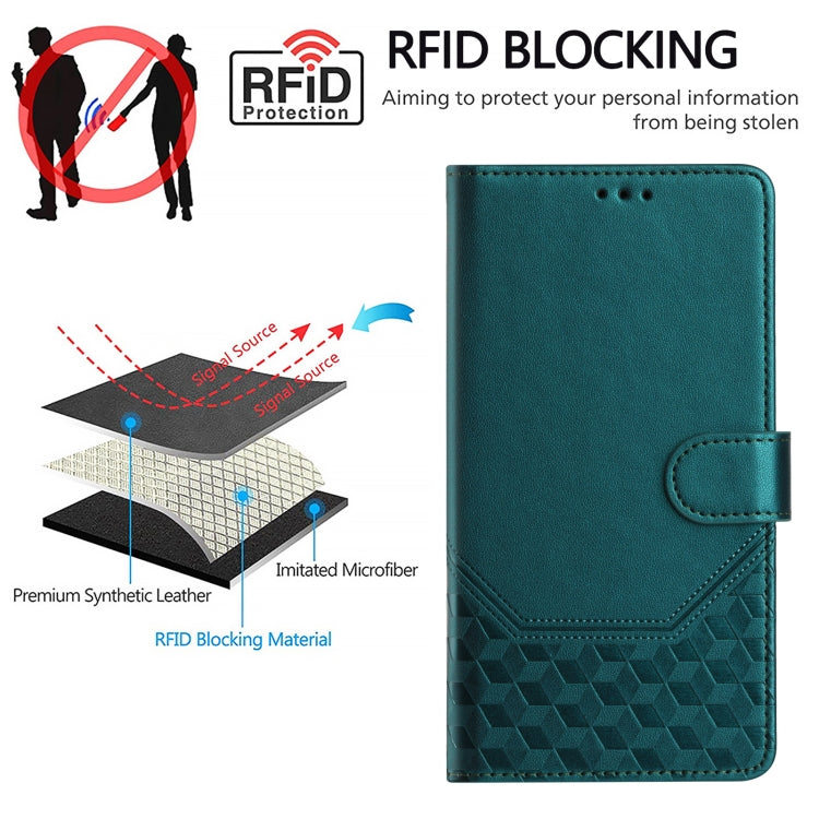 For OnePlus 12 5G Global Honeycomb Embossing RFID Leather Phone Case(Peacock Green) - OnePlus Cases by buy2fix | Online Shopping UK | buy2fix