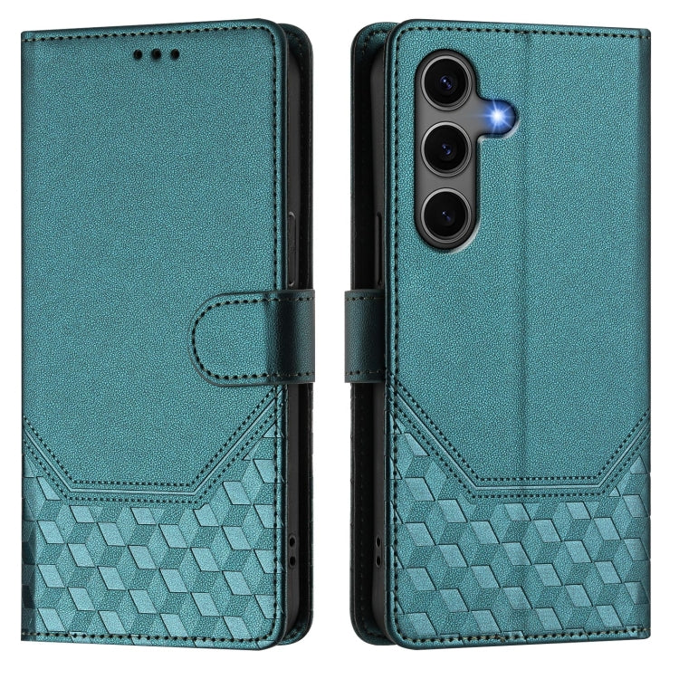 For Samsung Galaxy S25 5G Honeycomb Embossing RFID Leather Phone Case(Peacock Green) - Galaxy S25 5G Cases by buy2fix | Online Shopping UK | buy2fix