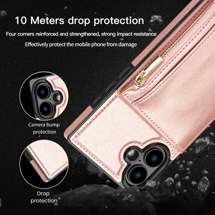 For iPhone 16 Square Zipper Wallet Bag TPU+PU Back Cover Case(Rose Gold) - iPhone 16 Cases by buy2fix | Online Shopping UK | buy2fix