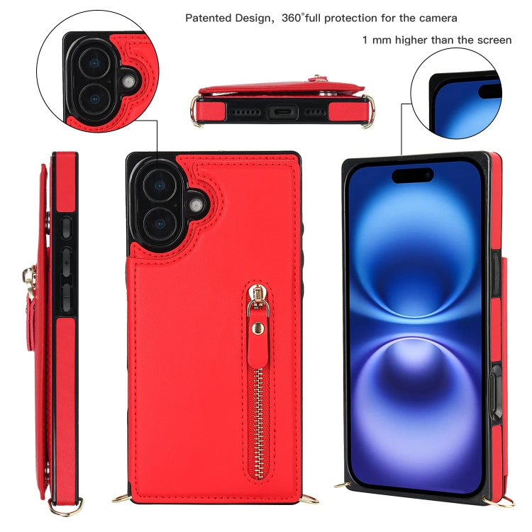 For iPhone 16 Cross-body Zipper Square Phone Case(Red) - iPhone 16 Cases by buy2fix | Online Shopping UK | buy2fix