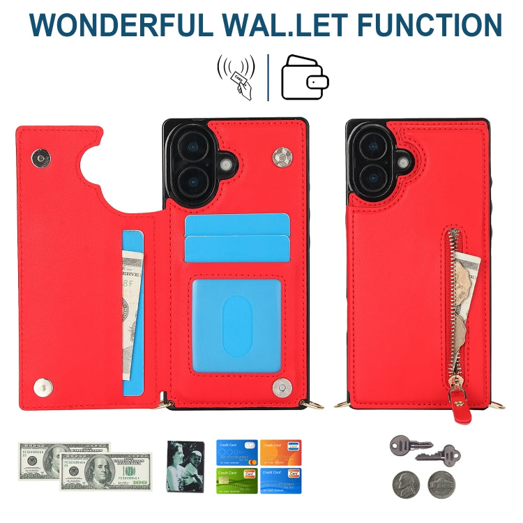 For iPhone 16 Cross-body Zipper Square Phone Case(Red) - iPhone 16 Cases by buy2fix | Online Shopping UK | buy2fix