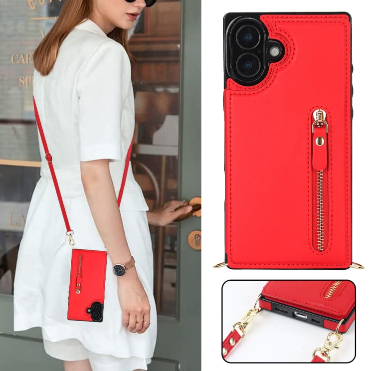 For iPhone 16 Cross-body Zipper Square Phone Case(Red) - iPhone 16 Cases by buy2fix | Online Shopping UK | buy2fix