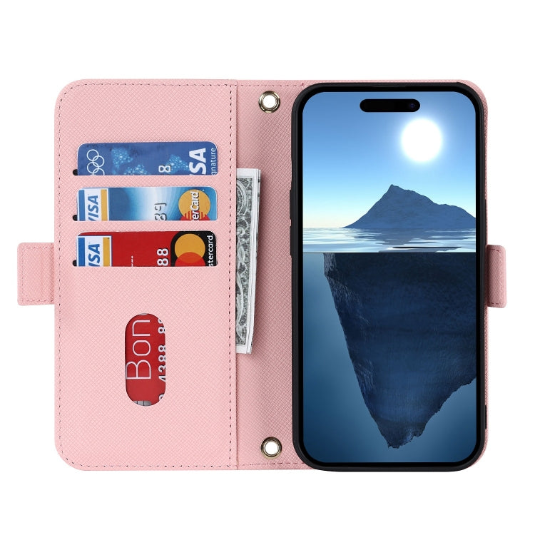 For iPhone 16 Plus Cross Texture Crossbody Lanyard Leather Phone Case(Pink) - iPhone 16 Plus Cases by buy2fix | Online Shopping UK | buy2fix