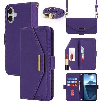 For iPhone 16 Cross Texture Crossbody Lanyard Leather Phone Case(Purple) - iPhone 16 Cases by buy2fix | Online Shopping UK | buy2fix