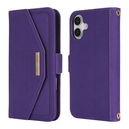 For iPhone 16 Cross Texture Crossbody Lanyard Leather Phone Case(Purple) - iPhone 16 Cases by buy2fix | Online Shopping UK | buy2fix