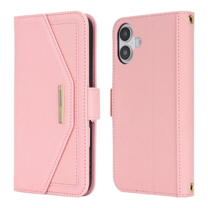 For iPhone 16 Cross Texture Crossbody Lanyard Leather Phone Case(Pink) - iPhone 16 Cases by buy2fix | Online Shopping UK | buy2fix