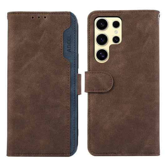 For Samsung Galaxy S25 Ultra 5G ABEEL Color Block Magnetic RFID Leather Phone Case(Brown-Blue) - Galaxy S25 Ultra 5G Cases by buy2fix | Online Shopping UK | buy2fix