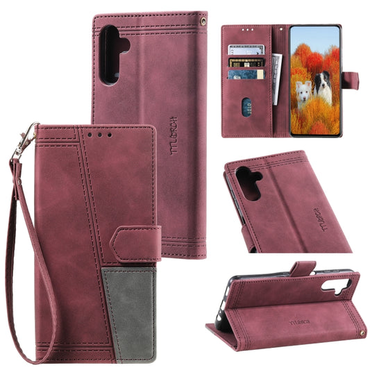 For Samsung Galaxy S25+ 5G TTUDRCH Embossed Line Splicing Leather Phone Case(Wine Red) - Galaxy S25+ 5G Cases by buy2fix | Online Shopping UK | buy2fix