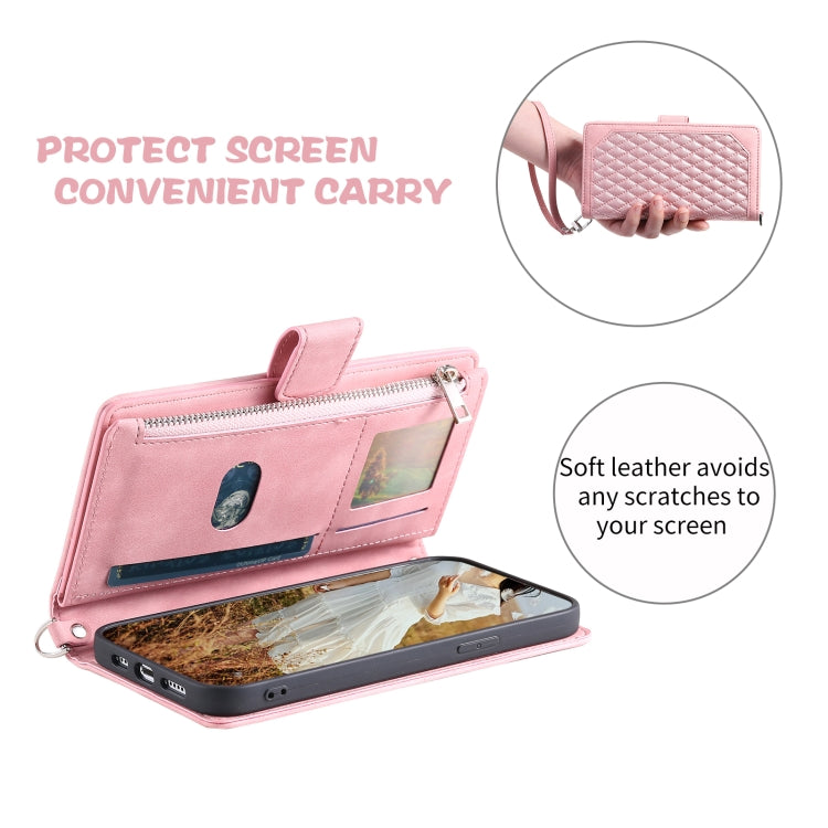 For Samsung Galaxy S25 5G Grid Texture Zipper Leather Phone Case with Lanyard(Rose Gold) - Galaxy S25 5G Cases by buy2fix | Online Shopping UK | buy2fix