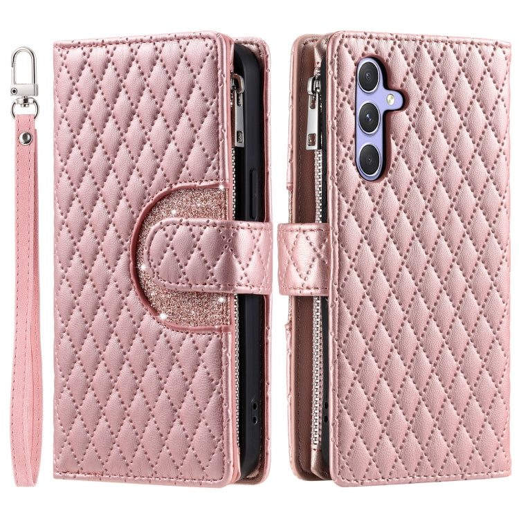 For Samsung Galaxy S25 5G Glitter Lattice Zipper Wallet Leather Phone Case(Rose Gold) - Galaxy S25 5G Cases by buy2fix | Online Shopping UK | buy2fix