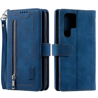 For Samsung Galaxy S25 Ultra 5G Nine Card Zipper Bag Leather Phone Case with Lanyard(Blue) - Galaxy S25 Ultra 5G Cases by buy2fix | Online Shopping UK | buy2fix