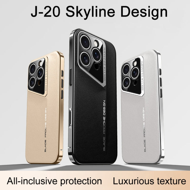 For iPhone 16 J-20 Leather Skyline Design Full Coverage Phone Case(Gold) - iPhone 16 Cases by buy2fix | Online Shopping UK | buy2fix