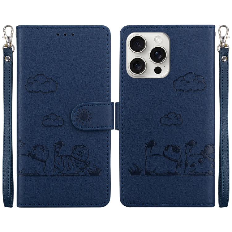 For iPhone 16 Pro Cute Cats RFID Leather Phone Case(Blue) - iPhone 16 Pro Cases by buy2fix | Online Shopping UK | buy2fix