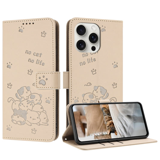 For iPhone 16 Pro Embossed Kitten Phone Leather Case with Lanyard(Beige) - iPhone 16 Pro Cases by buy2fix | Online Shopping UK | buy2fix