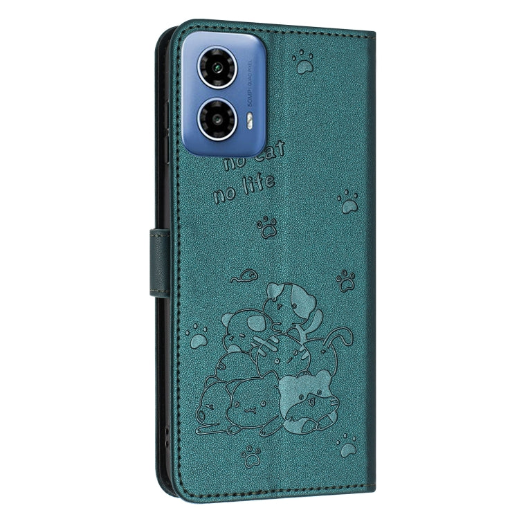 For Motorola Edge 2024 5G Embossed Kitten Phone Leather Case with Lanyard(Dark Green) - Motorola Cases by buy2fix | Online Shopping UK | buy2fix