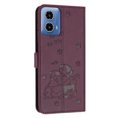 For Motorola Edge 2024 5G Embossed Kitten Phone Leather Case with Lanyard(Wine Red) - Motorola Cases by buy2fix | Online Shopping UK | buy2fix