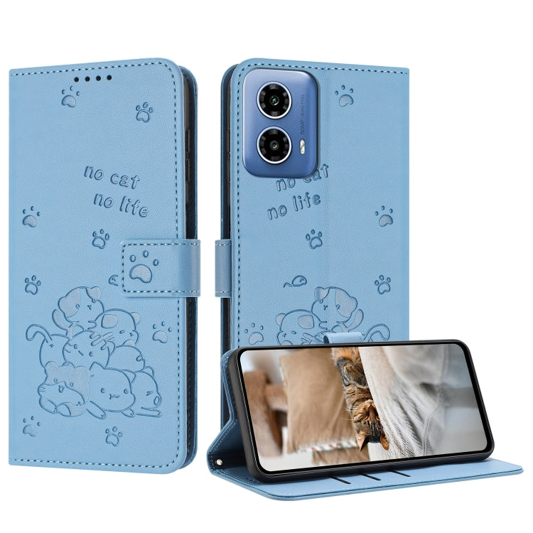 For Motorola Moto G 5G 2024 Embossed Kitten Phone Leather Case with Lanyard(Blue) - Motorola Cases by buy2fix | Online Shopping UK | buy2fix