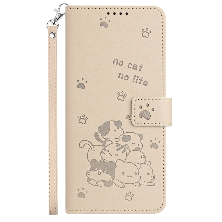 For Motorola Moto G Play 4G 2024 Embossed Kitten Phone Leather Case with Lanyard(Beige) - Motorola Cases by buy2fix | Online Shopping UK | buy2fix