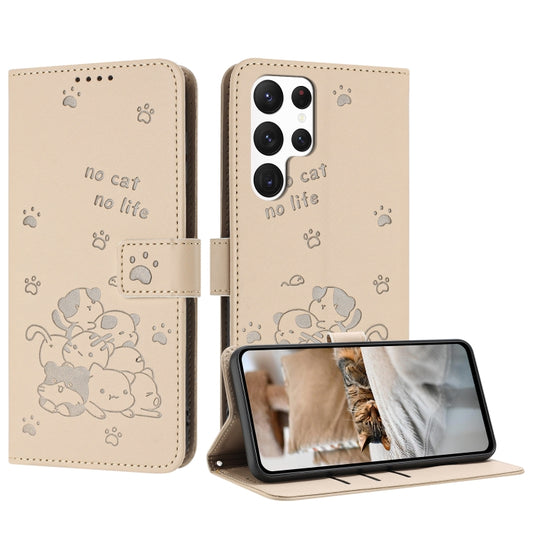 For Samsung Galaxy S25 Ultra 5G Embossed Kitten Phone Leather Case with Lanyard(Beige) - Galaxy S25 Ultra 5G Cases by buy2fix | Online Shopping UK | buy2fix