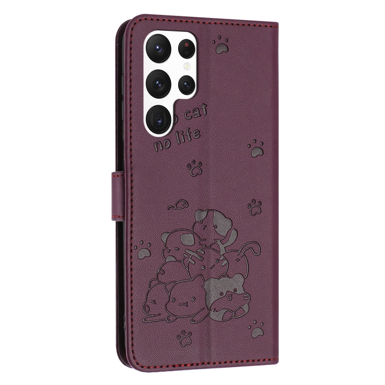 For Samsung Galaxy S25 Ultra 5G Embossed Kitten Phone Leather Case with Lanyard(Wine Red) - Galaxy S25 Ultra 5G Cases by buy2fix | Online Shopping UK | buy2fix