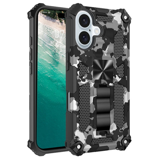 For iPhone 16 Camouflage Armor Kickstand TPU Hybrid PC Magnetic Phone Case(Black) - iPhone 16 Cases by buy2fix | Online Shopping UK | buy2fix