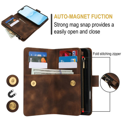 For iPhone 16 Dream 9-Card Zipper Wallet RFID Leather Phone Case with Lanyard(Brown) - iPhone 16 Cases by buy2fix | Online Shopping UK | buy2fix