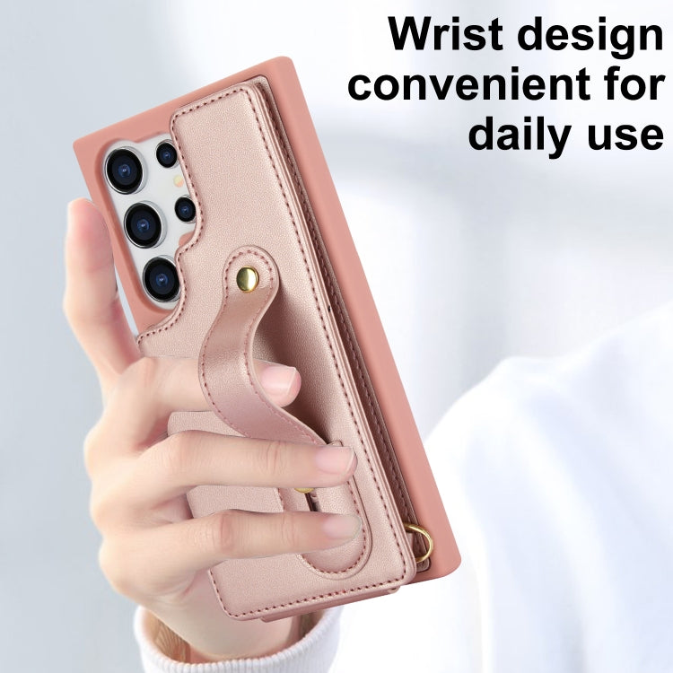 For Samsung Galaxy S25 Ultra 5G Wristband Vertical Flip Wallet Back Cover Phone Case with Long Lanyard(Rose Gold) - Galaxy S25 Ultra 5G Cases by buy2fix | Online Shopping UK | buy2fix