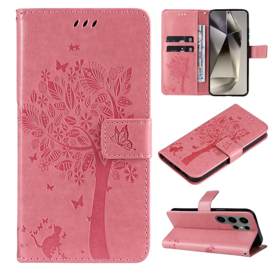 For Samsung Galaxy S25 Ultra 5G Tree & Cat Embossed Pattern Flip Leather Phone Case(Pink) - Galaxy S25 Ultra 5G Cases by buy2fix | Online Shopping UK | buy2fix