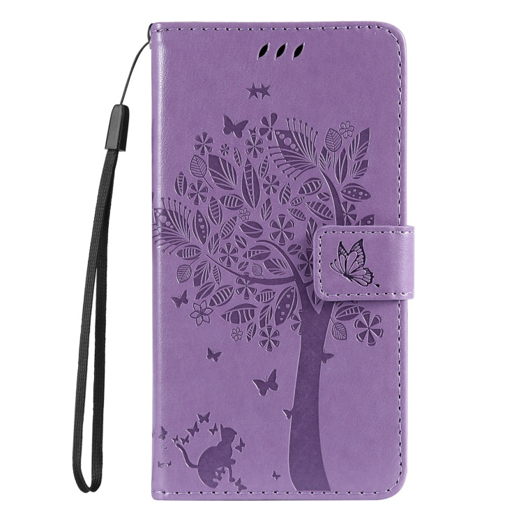 For Samsung Galaxy S25 Ultra 5G Tree & Cat Embossed Pattern Flip Leather Phone Case(Light Purple) - Galaxy S25 Ultra 5G Cases by buy2fix | Online Shopping UK | buy2fix