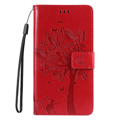 For Samsung Galaxy S25 Ultra 5G Tree & Cat Embossed Pattern Flip Leather Phone Case(Red) - Galaxy S25 Ultra 5G Cases by buy2fix | Online Shopping UK | buy2fix