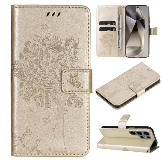 For Samsung Galaxy S25 Ultra 5G Tree & Cat Embossed Pattern Flip Leather Phone Case(Gold) - Galaxy S25 Ultra 5G Cases by buy2fix | Online Shopping UK | buy2fix