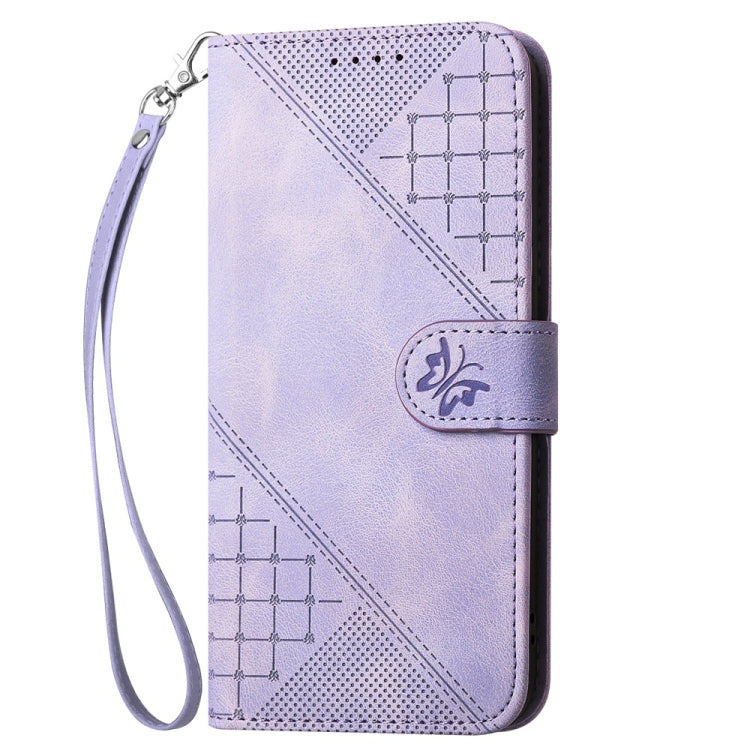 For Samsung Galaxy S25 Ultra 5G YX0080 Grid Butterfly Embossed Pattern Flip Leather Phone Case with Lanyard(Light Purple) - Galaxy S25 Ultra 5G Cases by buy2fix | Online Shopping UK | buy2fix