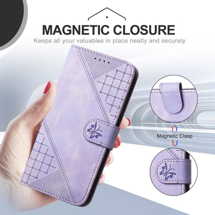 For Samsung Galaxy S25 Ultra 5G YX0080 Grid Butterfly Embossed Pattern Flip Leather Phone Case with Lanyard(Light Purple) - Galaxy S25 Ultra 5G Cases by buy2fix | Online Shopping UK | buy2fix