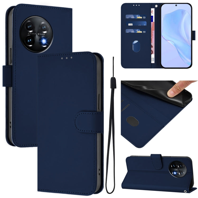 For OnePlus 11 Skin Feel Solid Color Leather Phone Case with Lanyard(Navy Blue) - OnePlus Cases by buy2fix | Online Shopping UK | buy2fix