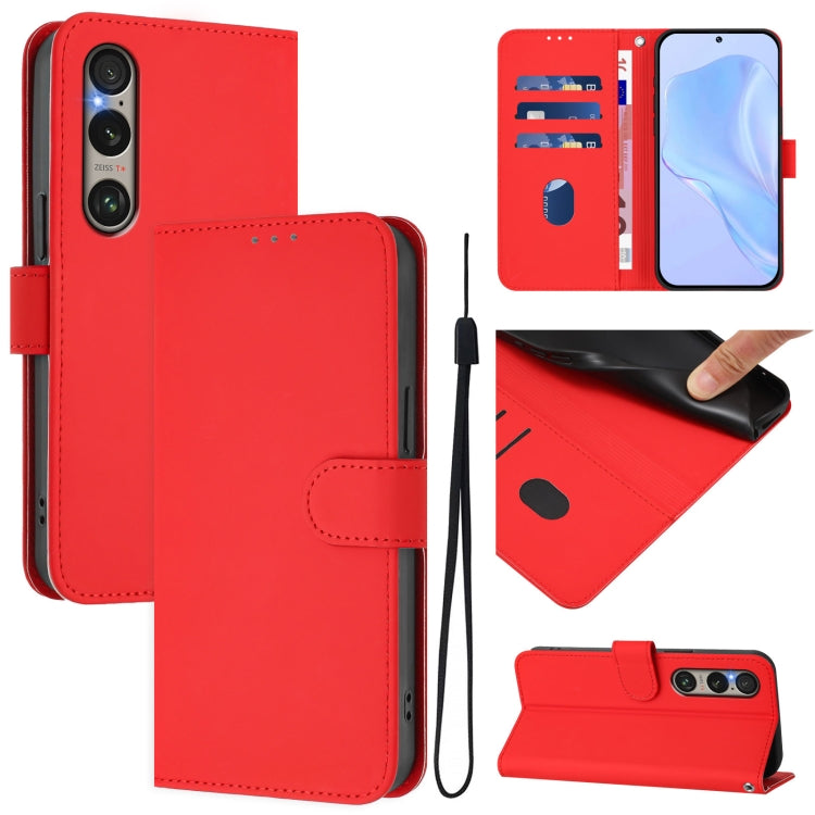 For Sony Xperia 1 VI 2024 Skin Feel Solid Color Leather Phone Case with Lanyard(Red) - Sony Cases by buy2fix | Online Shopping UK | buy2fix