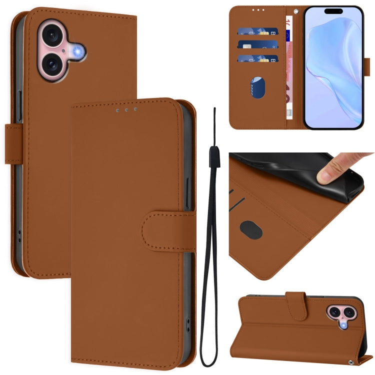 For iPhone 16 Skin Feel Solid Color Leather Phone Case with Lanyard(Brown) - iPhone 16 Cases by buy2fix | Online Shopping UK | buy2fix